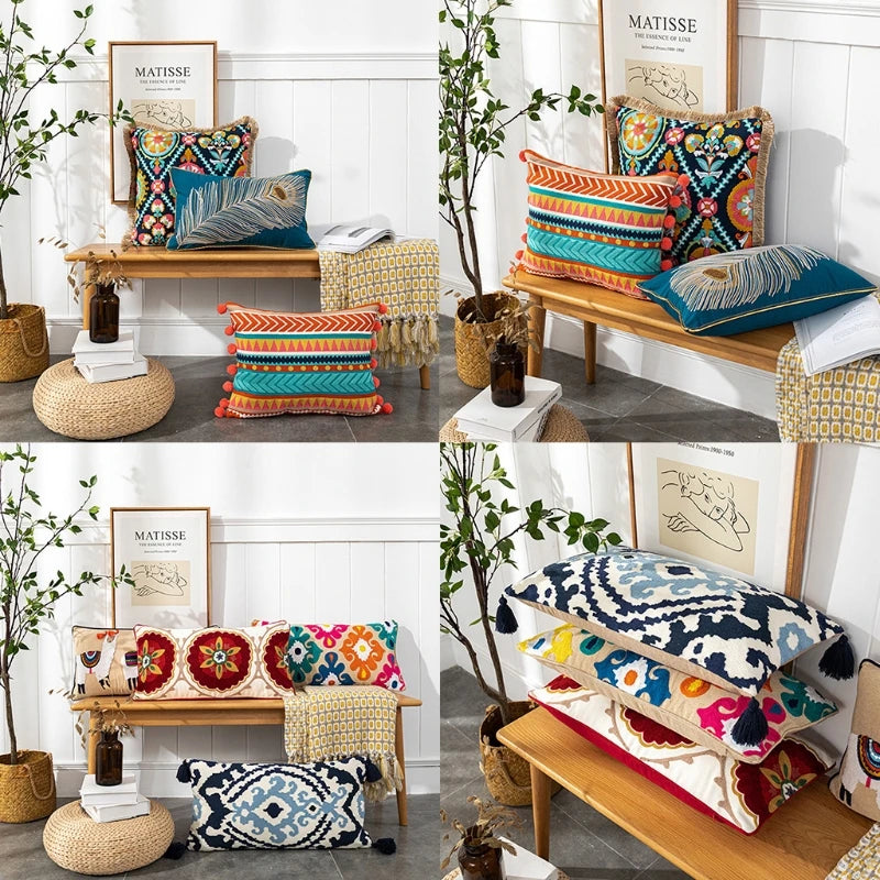 Vintage Boho Tufted Lumbar Pillow Cover – Embroidered