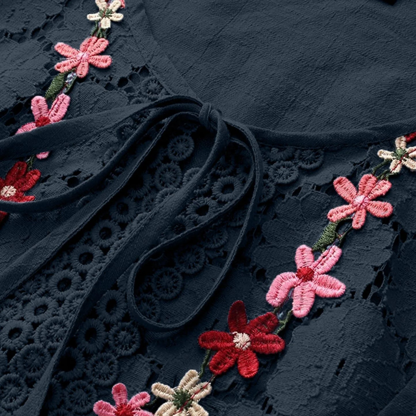 Women’s Summer V-Neck Blouse – Lace Patchwork with Bow