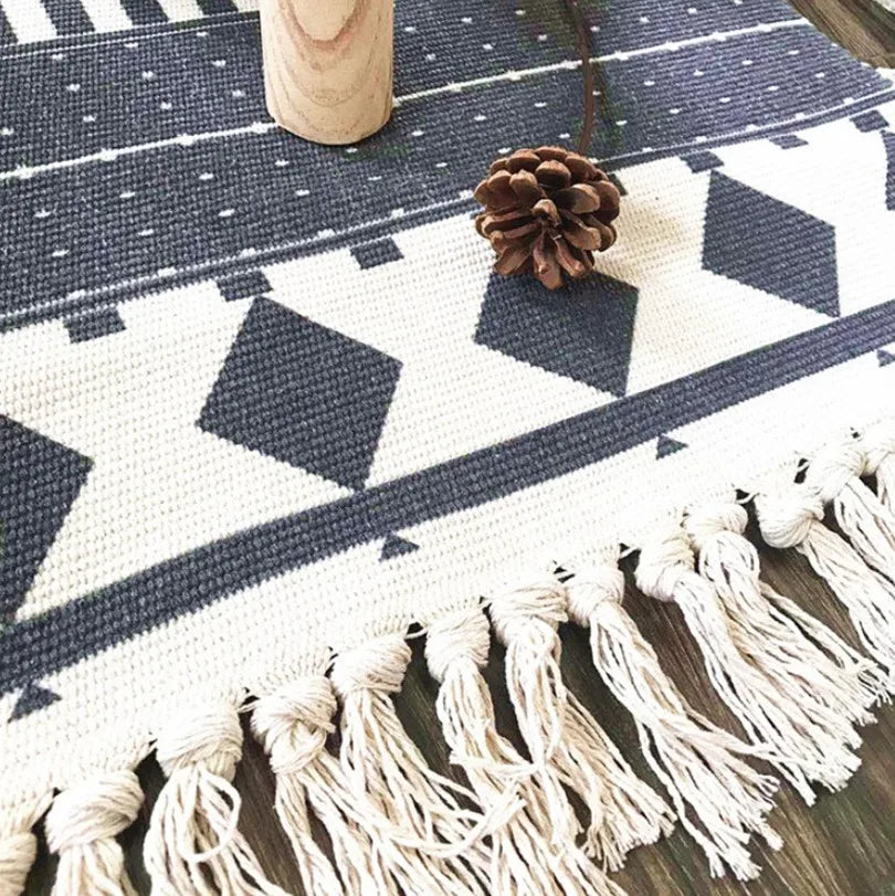 Boho Nordic Black White Geometric Cotton Linen Rug