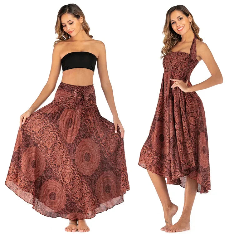 Women’s Boho Floral Long Skirt – Elastic Waist Casual Faldas