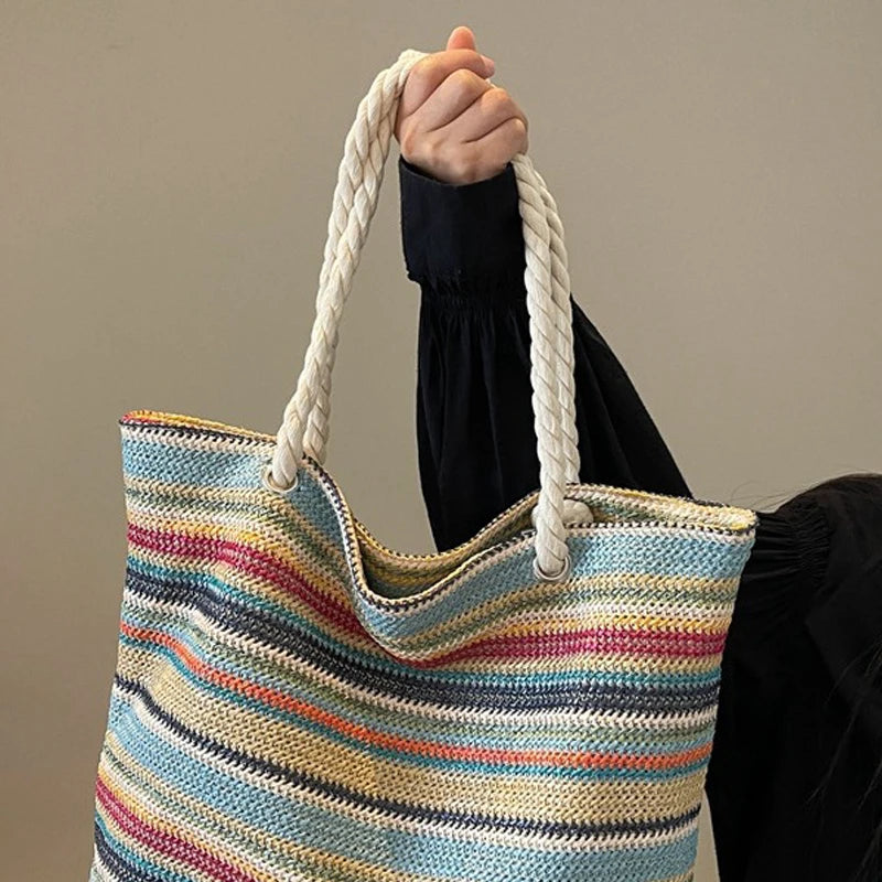 Women’s Rainbow Woven Tote Bag – Large Capacity