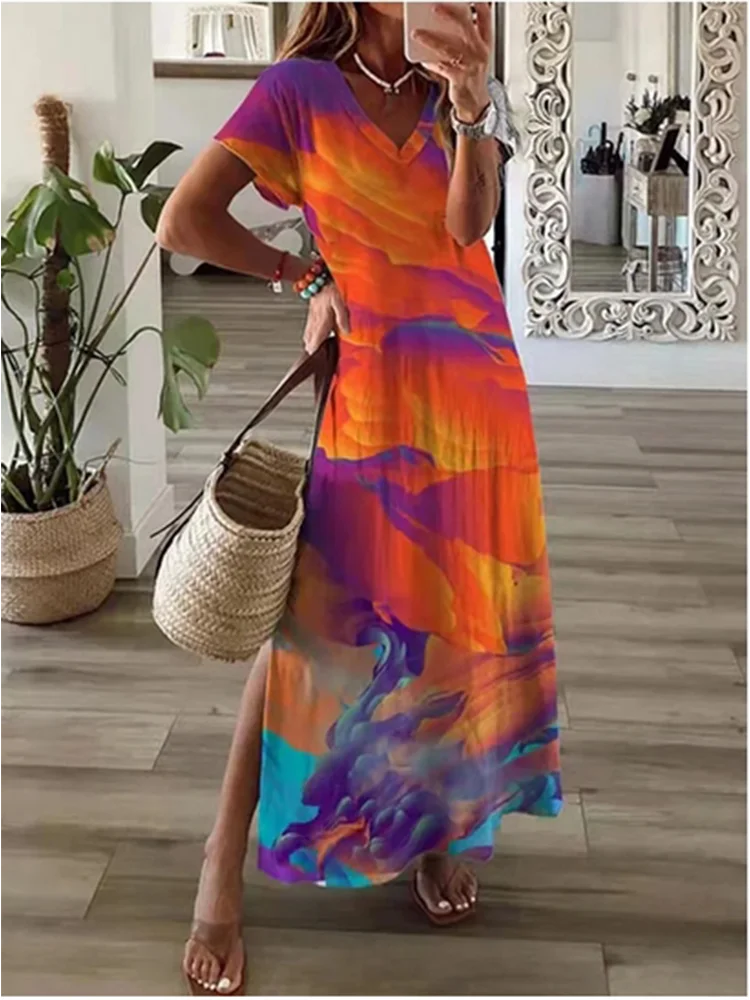 Women’s V-Neck Maxi Dress – Casual Solid Color with Pockets