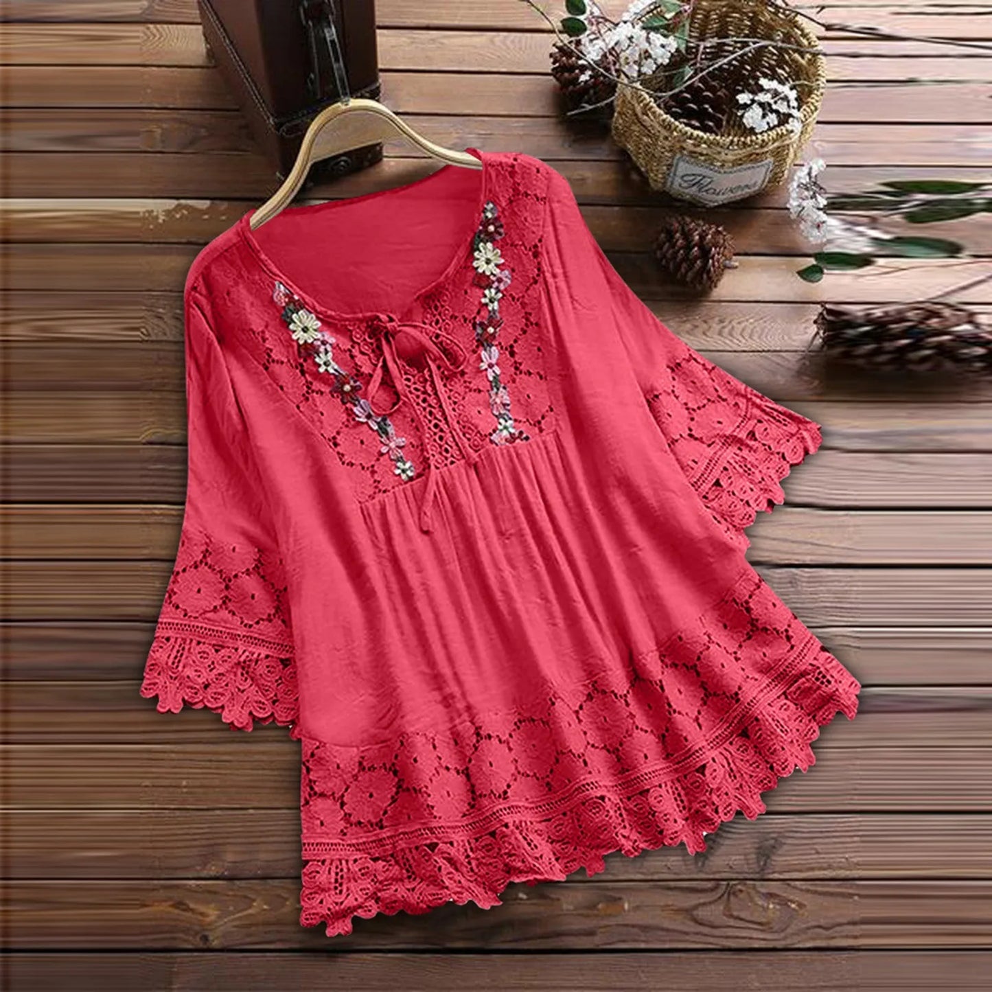 Women’s Summer V-Neck Blouse – Lace Patchwork with Bow