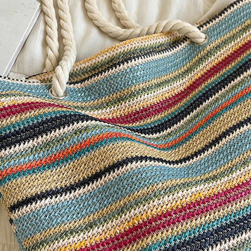 Women’s Rainbow Woven Tote Bag – Large Capacity