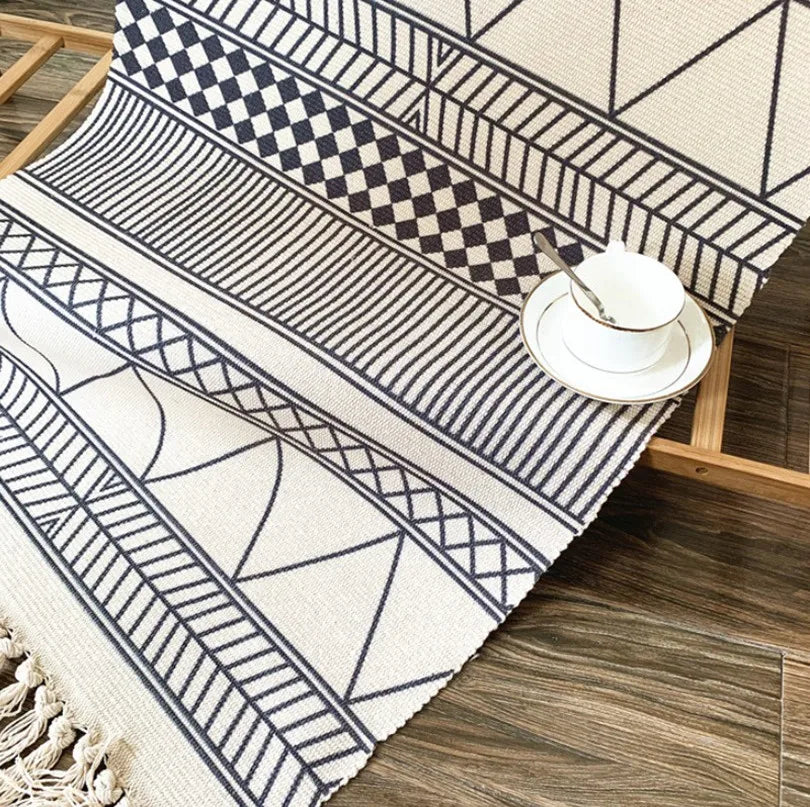 Boho Nordic Black White Geometric Cotton Linen Rug