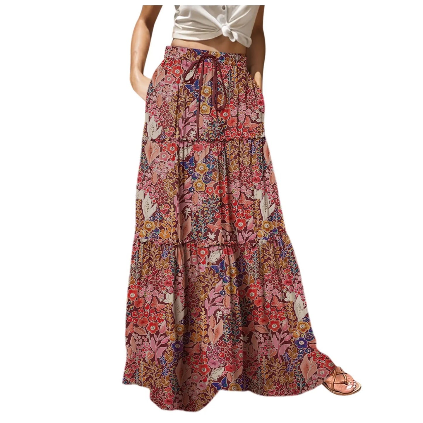Women’s Boho Chiffon High-Waist Skirt – Long Swing with Pockets & Lace-Up