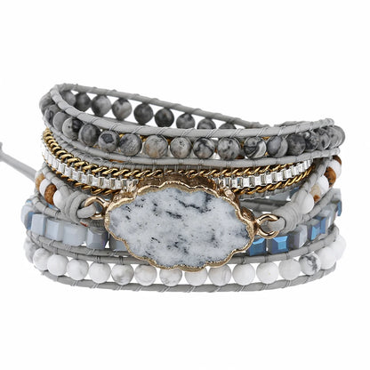 Leather Wrap Bracelet – 5-Strand Dalmatian Stone Handwoven