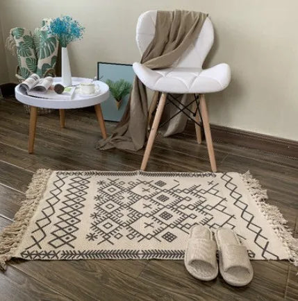 Boho Nordic Black White Geometric Cotton Linen Rug