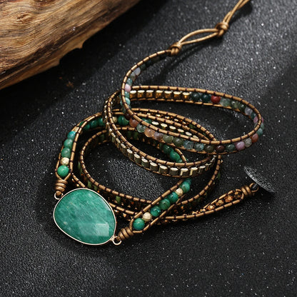 Green Stone Wrap Bracelet – Genuine Leather Handwoven