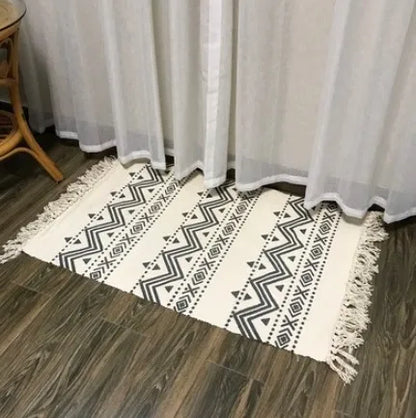 Boho Nordic Black White Geometric Cotton Linen Rug