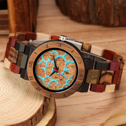 Women’s Wooden Quartz Watch – Blue Lava Dial with Mixed Color Band