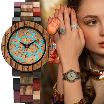 Women’s Wooden Quartz Watch – Blue Lava Dial with Mixed Color Band