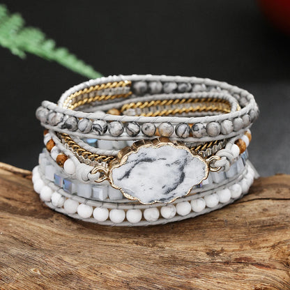 Leather Wrap Bracelet – 5-Strand Dalmatian Stone Handwoven