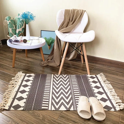 Boho Nordic Black White Geometric Cotton Linen Rug