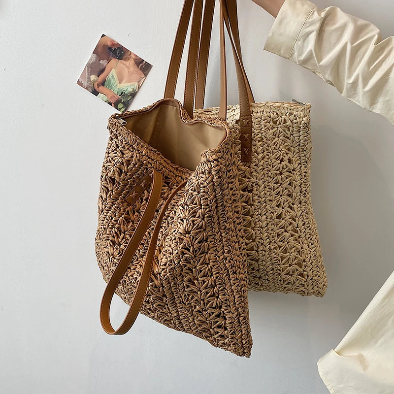 Fashion Straw Woven Large Capacity Shoulder Shopping Bag Women Vacation Beach Handbag Purse Bohemia Rattan Knitted Tote For Lady