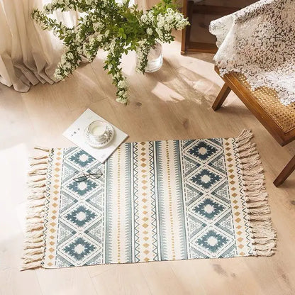 Retro Bohemian Hand-Woven Cotton-Linen Rug – Geometric Anti-Slip
