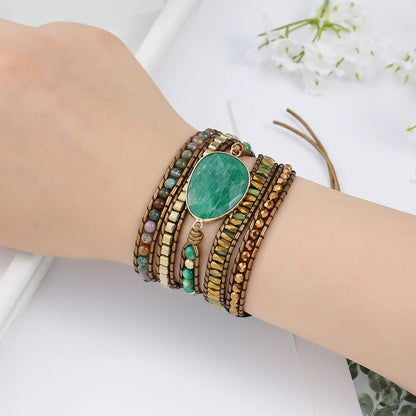 Green Stone Wrap Bracelet – Genuine Leather Handwoven