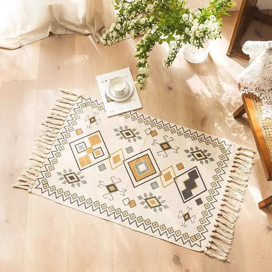 Retro Bohemian Hand-Woven Cotton-Linen Rug – Geometric Anti-Slip