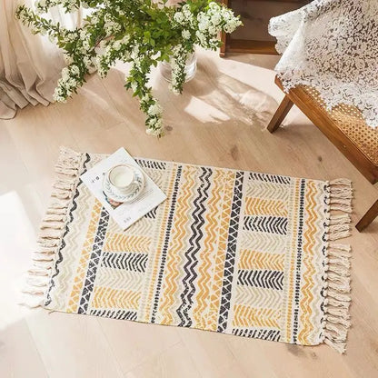 Retro Bohemian Hand-Woven Cotton-Linen Rug – Geometric Anti-Slip