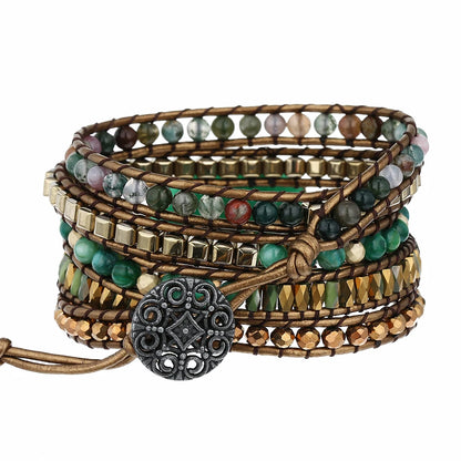 Green Stone Wrap Bracelet – Genuine Leather Handwoven