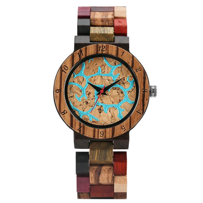Women’s Wooden Quartz Watch – Blue Lava Dial with Mixed Color Band