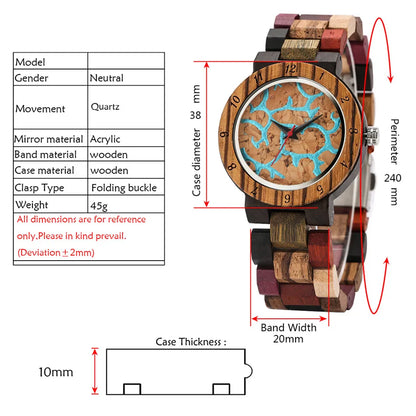 Women’s Wooden Quartz Watch – Blue Lava Dial with Mixed Color Band