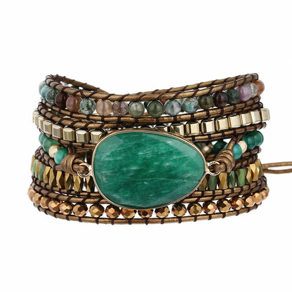 Green Stone Wrap Bracelet – Genuine Leather Handwoven