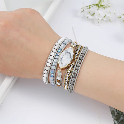 Leather Wrap Bracelet – 5-Strand Dalmatian Stone Handwoven