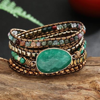 Green Stone Wrap Bracelet – Genuine Leather Handwoven