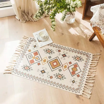 Retro Bohemian Hand-Woven Cotton-Linen Rug – Geometric Anti-Slip