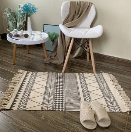 Boho Nordic Black White Geometric Cotton Linen Rug