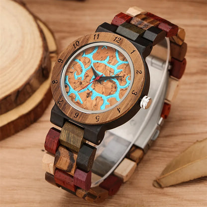 Women’s Wooden Quartz Watch – Blue Lava Dial with Mixed Color Band