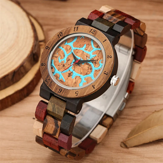 Women’s Wooden Quartz Watch – Blue Lava Dial with Mixed Color Band