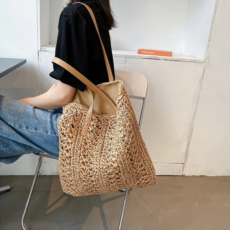 Fashion Straw Woven Large Capacity Shoulder Shopping Bag Women Vacation Beach Handbag Purse Bohemia Rattan Knitted Tote For Lady