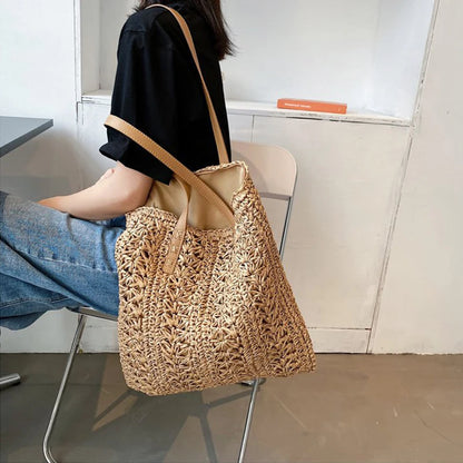 Fashion Straw Woven Large Capacity Shoulder Shopping Bag Women Vacation Beach Handbag Purse Bohemia Rattan Knitted Tote For Lady