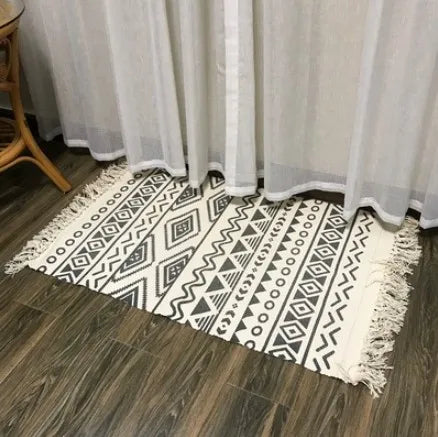 Boho Nordic Black White Geometric Cotton Linen Rug