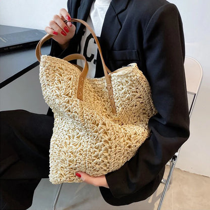 Fashion Straw Woven Large Capacity Shoulder Shopping Bag Women Vacation Beach Handbag Purse Bohemia Rattan Knitted Tote For Lady