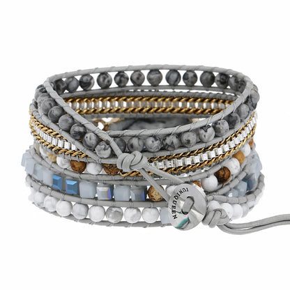 Leather Wrap Bracelet – 5-Strand Dalmatian Stone Handwoven