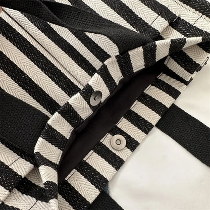 Women’s Striped Canvas Shoulder Bag – Trendy Large Capacity Crossbody Tote