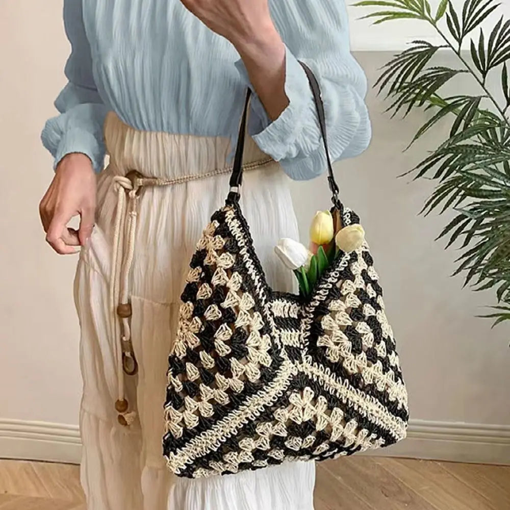 Women’s Summer Straw Crochet Shoulder Bag – Casual Beach Travel Handbag