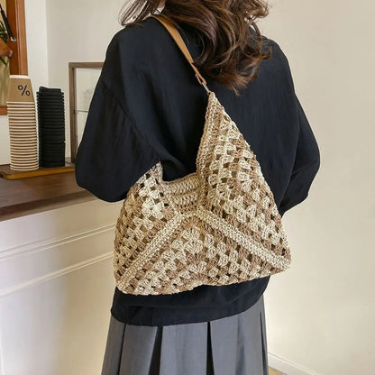 Women’s Summer Straw Crochet Shoulder Bag – Casual Beach Travel Handbag