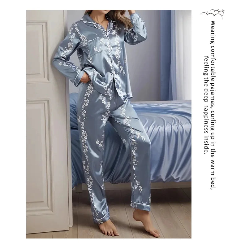 Women’s Satin Pajama Set – Long Sleeve Button-Up Top & Pants Loungewear