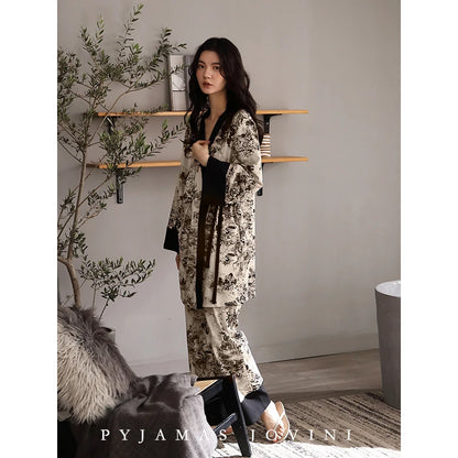 Women’s 3-Piece Cotton Pajama Set – Long Sleeve Kimono Nightgown