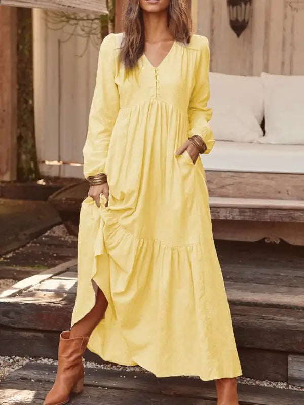 Women’s Cotton Linen Button-Up Dress – Retro Long Sleeve Casual