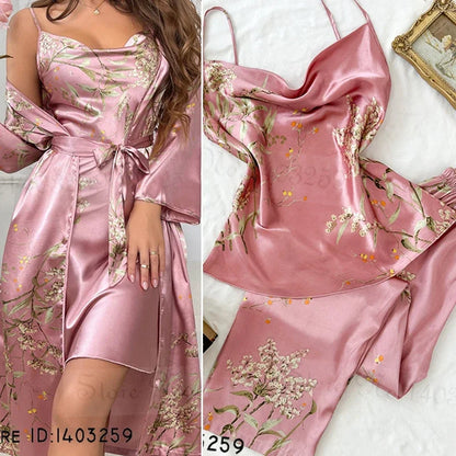 Women’s 4-Piece Satin Pajama Set – Cherry Blossom Kimono, Nightgown & Pants Sleepwear