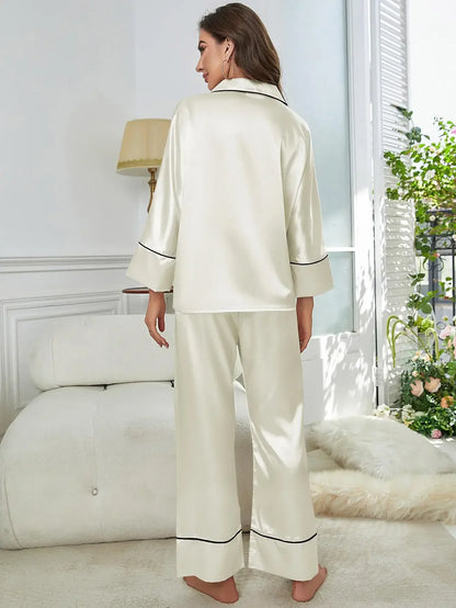 Women’s Silk Satin Pajama Set – Notched Collar Top & Wide-Leg Sleepwear