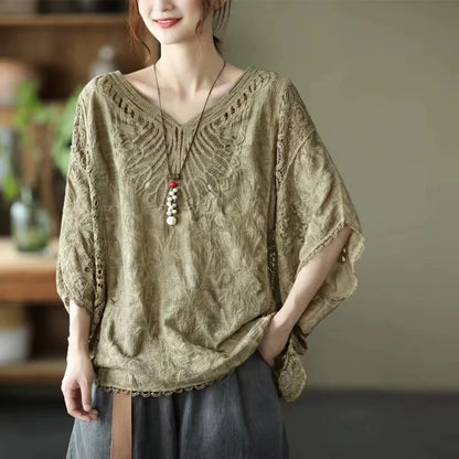 Women’s Cotton Batwing Sleeve Loose T-Shirt – Hollow Out Top