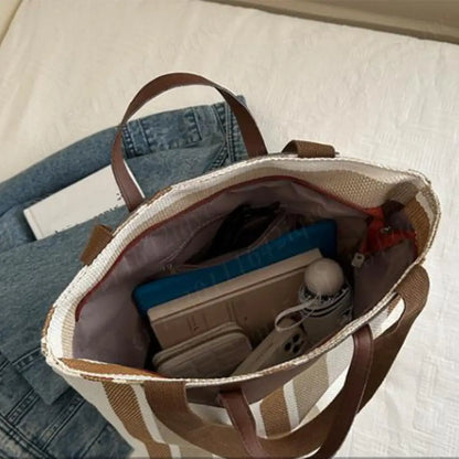 Women’s Striped Canvas Hobo Shoulder Bag – Zipper Bucket Tote for Daily & Travel Use