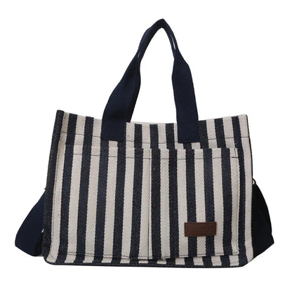 Women’s Striped Canvas Shoulder Bag – Trendy Large Capacity Crossbody Tote