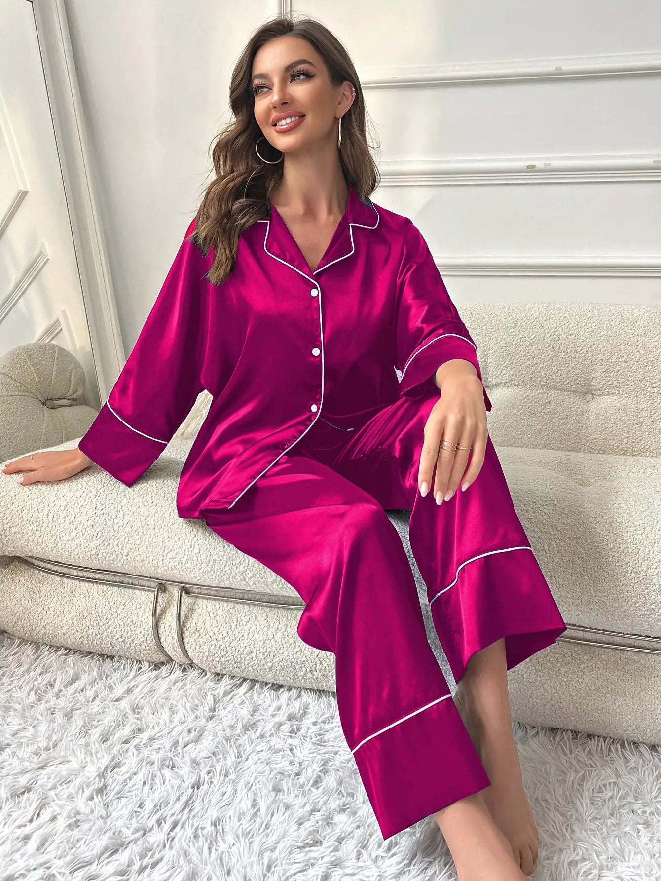 Women’s Silk Satin Pajama Set – Notched Collar Top & Wide-Leg Sleepwear